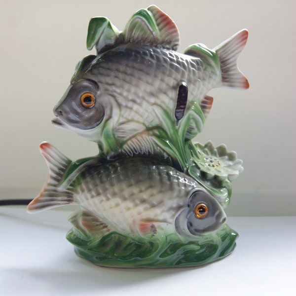 Vintage Porcelain Perfume Lamp, two Fish lamp wit water lilies