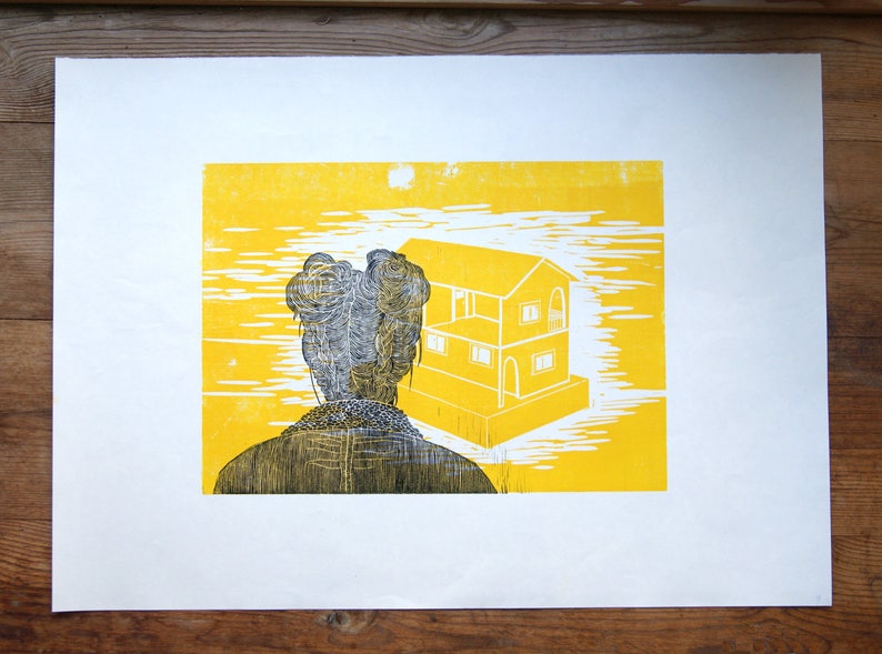 Woodcut // Woodblock Print // Girl With Tropical Leaves // Etsy