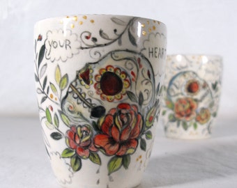 Sugar Scull mug with hand painted scull and red rose, "Your heart will always be true"