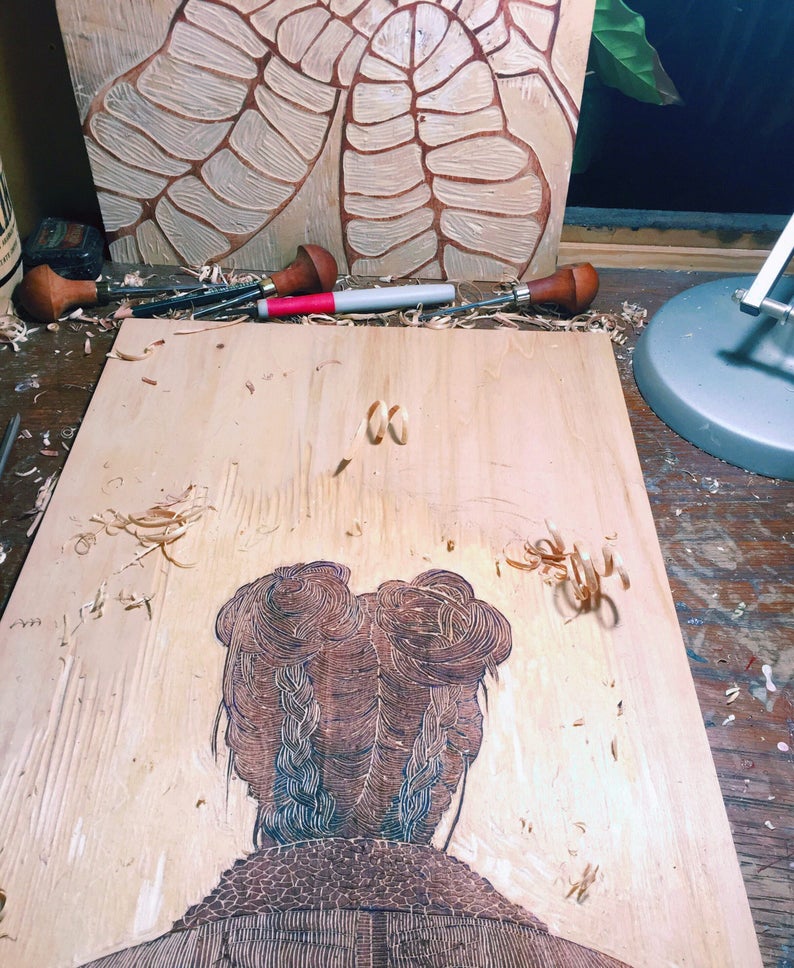 Woodcut // Woodblock Print // Girl With Tropical Leaves // Etsy