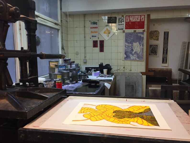 Woodcut // Woodblock Print // Girl With Tropical Leaves // Etsy