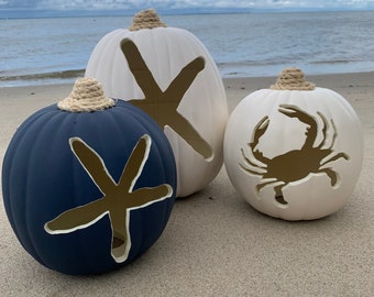 Navy Blue Starfish Pumpkin Fall Decorations Wedding Fall Beach Pumpkin Décor Medium Beach Halloween Blue Nautical Pumpkin