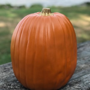 May include: A round, orange pumpkin with a smooth, matte finish and vertical ridges. The pumpkin features a metallic gold-painted stem at the top, providing a distinct contrast to the vibrant orange body of the gourd. The surface is uniform in color.