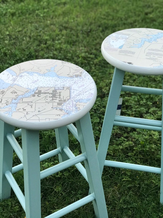 Custom Location Painted Nautical Chart Barstools Beach Tiki Bar