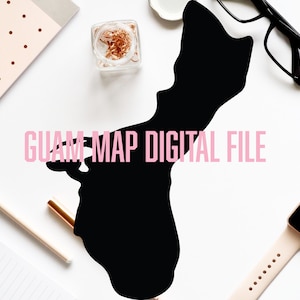 May include: A black silhouette of the island of Guam, with the text "GUAM MAP DIGITAL FILE" in pink. The image is on a white background with office supplies, including a notebook, glasses, and a watch.