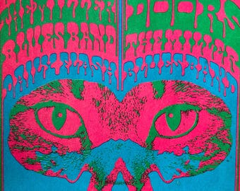 Peut inclure: Une affiche psychédélique annonçant un concert avec The Doors et The Blues Band à l'Avalon Ballroom à San Francisco. L'affiche présente un chat rose et vert avec de la peinture qui coule et le texte "June 7, 1967 The Doors The Blues Band The Electric Flag  The  Avalon Ballroom"