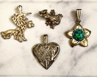 Vintage Sterling Silver Charm & Pendant Set Ladies Kids Unicorn Frog Heart Opal Sunflower Collection