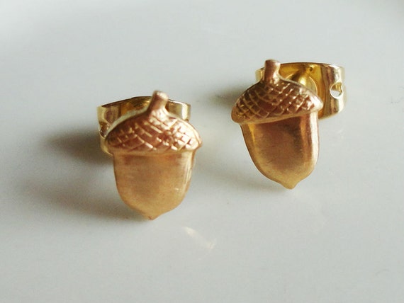 Acorn Brass Stud Earrings Brass Acorn with Sterling Silver Post