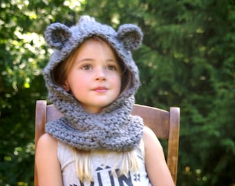 Hooded Bear Cowl -30 COLORS/neckwarmer/kids/baby/scarf/pullover/tan/cream/oatmeal/knit/stretchy/cozy/warm/winter