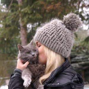 Pom Pom Beanie handmade/women's/cream/oatmeal/knit/winter hat/stretchy/chunky/stylish/cozy/warm/winter/beanie image 1