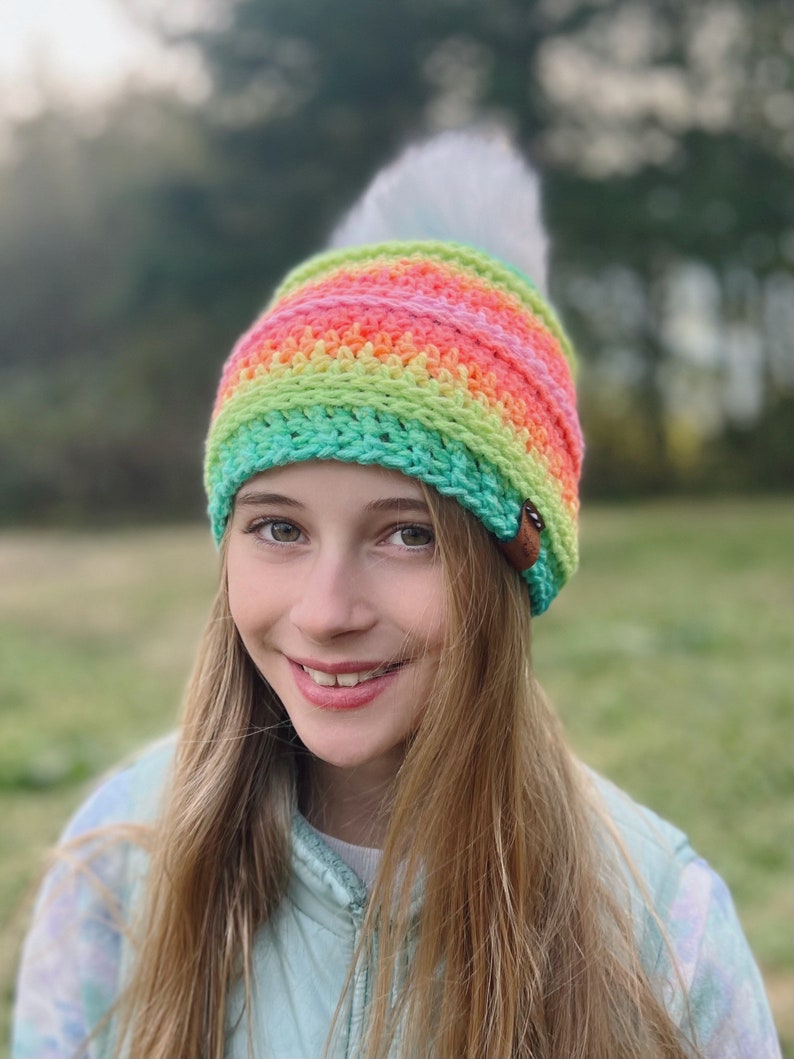 Rainbow Sherbert Pom Beanie Toddler/Kid/Teen/Adult Sizes image 4