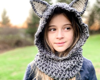 Hooded Kitty Cowl -30 COLORS/neckwarmer/kids/baby/scarf/pullover/tan/cream/oatmeal/knit/stretchy/cozy/warm/winter