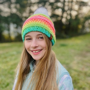 Rainbow Sherbert Pom Beanie Toddler/Kid/Teen/Adult Sizes image 3