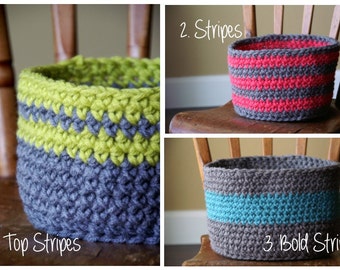 Modern Crochet Basket - 3 Sizes - 30 Colors - Stripes/Nursery/Baby/Home/Decor/Storage/Knit/Yarn/Toys/Books/Blankets