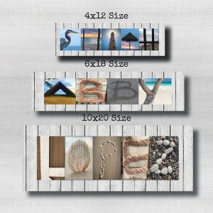 Arte com letras náuticas e de praia, fotografia do alfabeto, personalizada, presente de casamento, decoração para casa, arte de parede do oceano, placa de nome, letras de areia, LA22