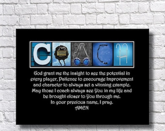 May include: A black rectangular sign featuring the word COACH spelled with a letter C, a digital stopwatch, swimming goggles, a whistle, and a starting block. Below, the text reads: God grant me the insight to see the potential in every player, Patience to encourage Improvement and character to always set a winning example. May those I coach always see You in my life and be brought closer to You through me. In your precious name, I pray. AMEN.
