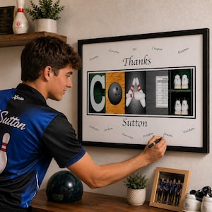 May include: A framed wall art print featuring the word COACH spelled with bowling-themed imagery, including a letter C, a black bowling ball, bowling pins, a scorecard, and shoes. The print includes the text Thanks and Sutton.