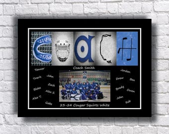 Könnte beinhalten: Ein gerahmter Gedenkdruck, der das Wort COACH mit Bildern von Eishockeyausrüstung buchstabiert, darunter Mundschutz, Helm, Buchstabe A, Schnürsenkel und Hockeyschläger. Darunter ein Teamfoto mit der Beschriftung Coach Smith und 23-24 Cougar Squirts White.