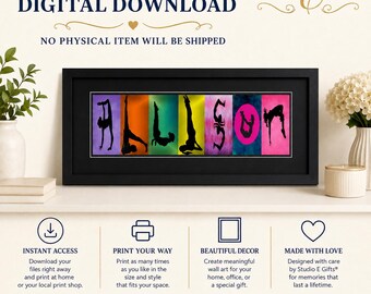 May include: A digital download wall art print featuring the name ALLISON spelled out in colorful rectangular panels. Each letter is formed by a black silhouette of a person in a different gymnastics or yoga pose against vibrant backgrounds.