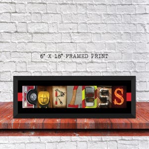 A framed print with the word "PIRATES" spelled out using various images, including a fire truck, a yellow helmet, and other objects.