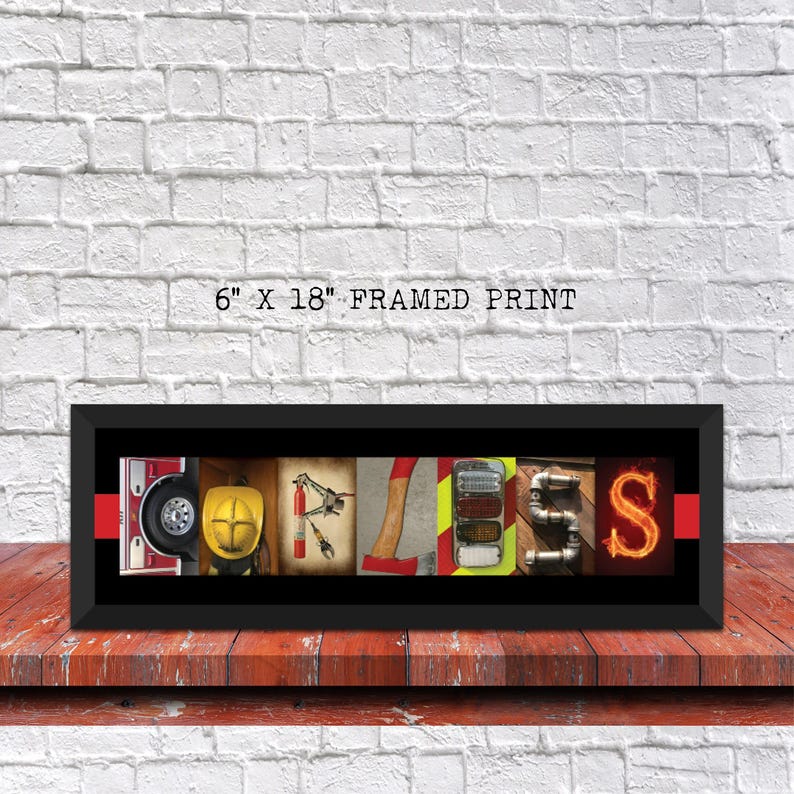 A framed print with the word "PIRATES" spelled out using various images, including a fire truck, a yellow helmet, and other objects.