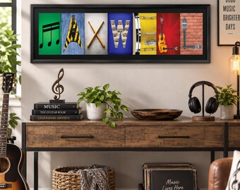 May include: A framed horizontal wall art piece spelling the name MAXWELL using musical instrument imagery: a music note, a guitar, drumsticks, a letter W, a drum, a guitar, and a microphone against a brick wall background.