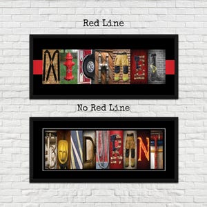two framed art pieces that spell out the word "MICHELLE" using various objects such as a fire hydrant, a fire truck, a fireman's helmet, and a fireman's uniform. The art pieces do not contain any text that repeats or repeats the same word twice.