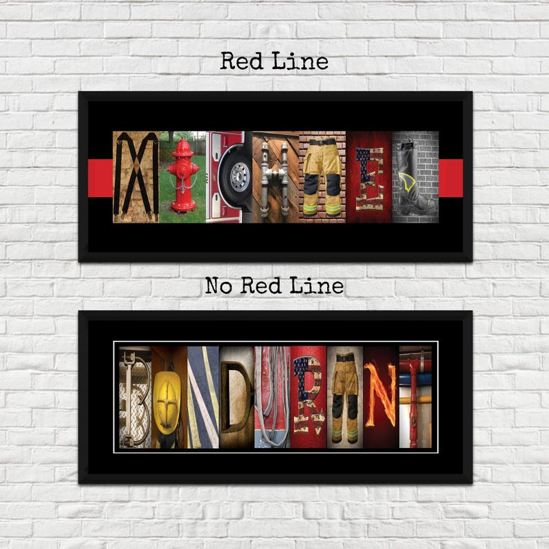 two framed art pieces that spell out the word "MICHELLE" using various objects such as a fire hydrant, a fire truck, a fireman's helmet, and a fireman's uniform. The art pieces do not contain any text that repeats or repeats the same word twice.