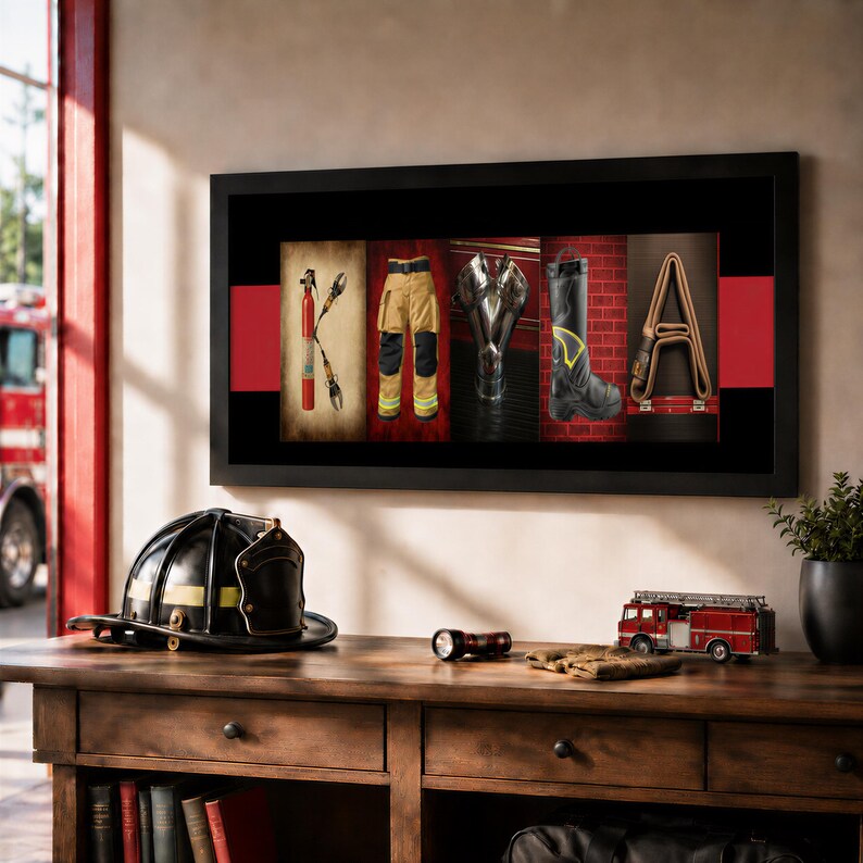 a framed artwork with the word "KARMA" spelled out using various objects, such as a fire helmet, fire boots, and a fire truck.
