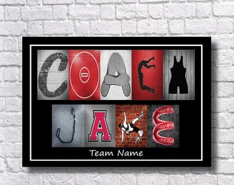 May include: A rectangular wall art print featuring the word COACH JADE spelled out with wrestling-themed imagery. Each letter is composed of icons including a wrestling mat, shoes, a singlet, a whistle, and a mouthguard. The text Team Name appears below.