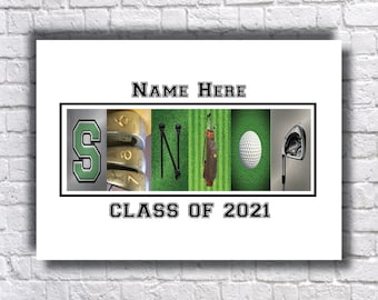 May include: A white background with the word "NAME HERE" in black text. Below the text is a collage of golf-themed images spelling out the word "SENIOR" with the year "2021" below it.