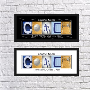 May include: A black and white printable design with a volleyball theme. The word "COACH" is spelled out in large letters with a volleyball, a ladder, and a volleyball net in the background. The design also includes the text "Team Name, Quote & Year" and player names and numbers.