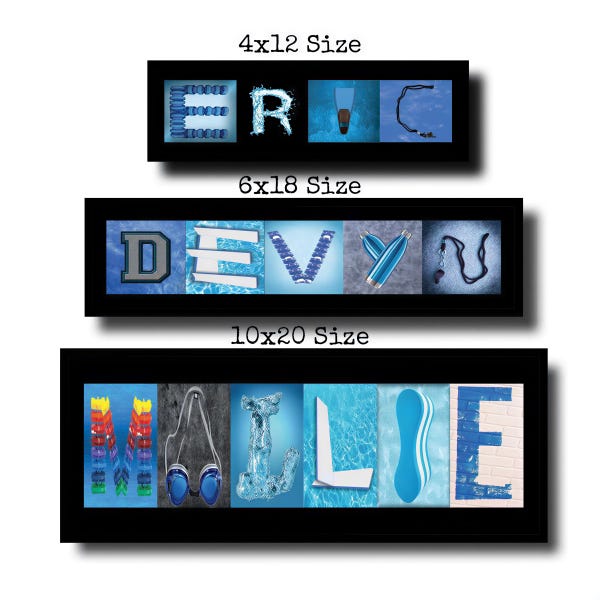 Lámina artística con nombre y letras para natación, obra de arte personalizada para natación, regalo para nadadores, idea de regalo para buceadores, decoración de pared personalizada, regalo único para deportes acuáticos.