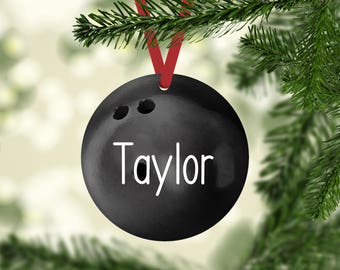 Personalized Bowling Ball Christmas Tree Ornament, Name, Bowling League Team Gift, Gift Tag, Black white lettering,