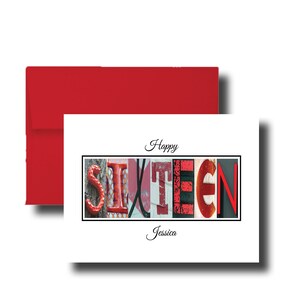 Tarjeta personalizada DIECISÉIS, 16 cumpleaños, hijo, hija, mejor amigo, rojo, negro, blanco, regalo para ahijada, sobrina, sobrino, colores personalizados