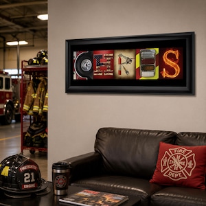 a framed artwork that spells out "FIRE DEPT." on the wall, with various firefighting-related objects such as a fire hose, fire extinguisher, and fire truck displayed in the background.