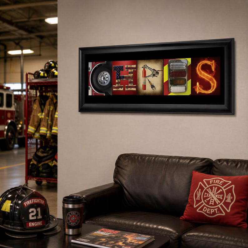 a framed artwork that spells out "FIRE DEPT." on the wall, with various firefighting-related objects such as a fire hose, fire extinguisher, and fire truck displayed in the background.