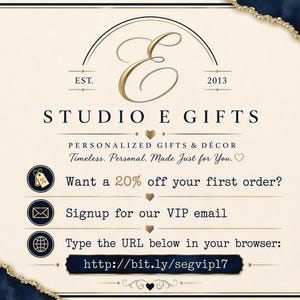 The image is a promotional graphic for a gift store called "Studio E Gifts". It features a gold and blue color scheme with a decorative border. The text on the image provides information about the store, including their personalized gifts and decor, and offers a 20% discount on the first order. The store's website, "http://bit.ly/seg VIP", is also mentioned.