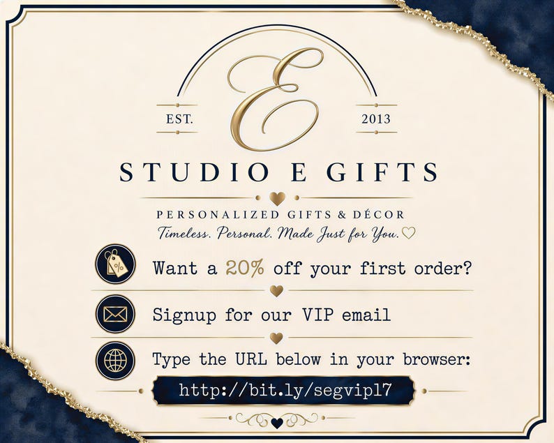 The image is a promotional graphic for a gift store called "Studio E Gifts". It features a gold and blue color scheme with a decorative border. The text on the image provides information about the store, including their personalized gifts and decor, and offers a 20% discount on the first order. The store's website, "http://bit.ly/seg VIP", is also mentioned.