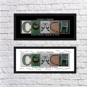 May include: A green, brown, and gray personalized sports team name art print with the word "COACH" spelled out in large letters. The letters are decorated with images of a stopwatch, running shoes, and a track field. The print includes the team name, a quote, and the year.