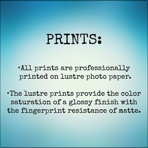 Op de afbeelding: Tekst op een blauwe achtergrond die "PRINTS:" luidt. Alle prints worden professioneel gedrukt op glanspapier. De glansprints bieden de kleurverzadiging van een glanzende afwerking met de vingerafdrukbestendigheid van mat.
