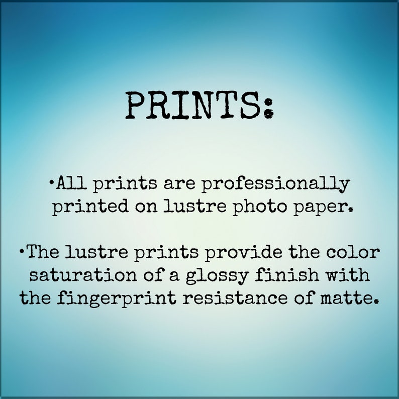 Op de afbeelding: Tekst op een blauwe achtergrond die "PRINTS:" luidt. Alle prints worden professioneel gedrukt op glanspapier. De glansprints bieden de kleurverzadiging van een glanzende afwerking met de vingerafdrukbestendigheid van mat.