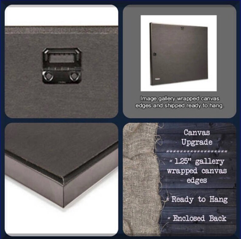Puede incluir: Primer plano de una impresi&oacute;n en lienzo con un marco negro. El lienzo est&aacute; envuelto alrededor de los bordes y el marco est&aacute; listo para colgar. El texto "Canvas Upgrade" est&aacute; impreso en un letrero de madera con un fondo de arpillera. El texto "1.25" gallery wrapped canvas edges" est&aacute; impreso en el letrero. El texto "Ready to Hang" est&aacute; impreso en el letrero. El texto "Enclosed Back" est&aacute; impreso en el letrero.
