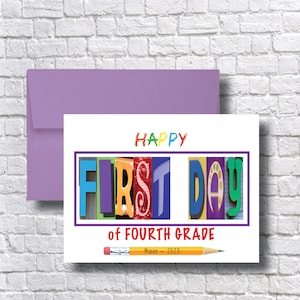 Gepersonaliseerde kaart eerste dag van het vierde leerjaar, gefeliciteerd, groet, klas van 2037, 2025, 2025, schooljaar, begin, nieuwe God dochter zoon