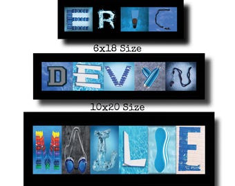 Letter Name Art Swim Print, Custom Swim Artwork, Gift For Swimmer, Diver Gift Idea, Personalized Wall Decor, Unique Water Sports Present