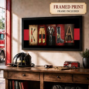 a framed print with the word "KARMA" spelled out using various objects, such as a fire helmet, a fire hydrant, and a fire truck. The framed print is hanging on a wall, and there is a desk with a lamp and some books in the foreground.