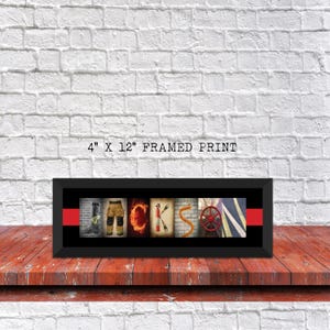 A framed print with the word "JACKSON" spelled out using various images, including a fireman, a fire hydrant, a fire truck, and a fireman's helmet.