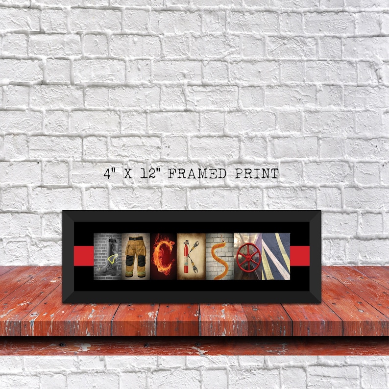 A framed print with the word "JACKSON" spelled out using various images, including a fireman, a fire hydrant, a fire truck, and a fireman's helmet.