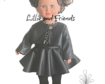 May include: A doll wearing a black leather jacket and skirt with a leopard print lining. The doll has brown curly hair and blue eyes. The doll is wearing black tights and black boots with laces. The text "Lillie and Friends" is written on the image.