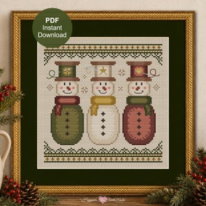 May include: A cross stitch pattern featuring three snowmen in a row, each wearing a top hat and scarf. The snowmen are rendered in shades of green, cream, and muted red. The design includes decorative borders and a PDF Instant Download label.